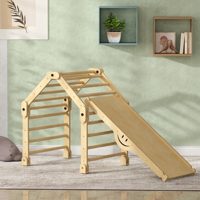 Natural Pinewood Indoor Toddler Climbing Gym with Slide