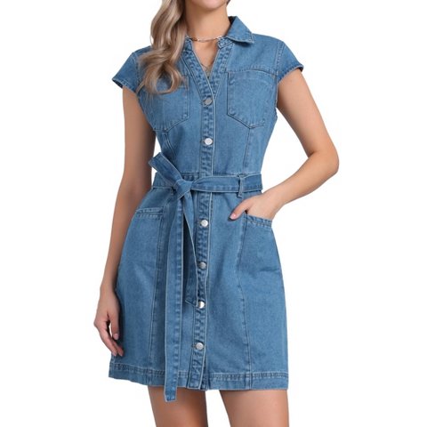 Женские платья INSPIRE CHIC Women's V-neck Cap Sleeve Belted Dress Light Blue Medium