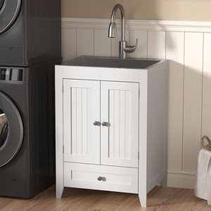 VINGLI 24-Inch Laundry Sink with Cabinet and Pull-Out Sprayer Faucet, Stainless Steel Utility Sink with Cabinet and Drawer Combo, White - 1 of 4