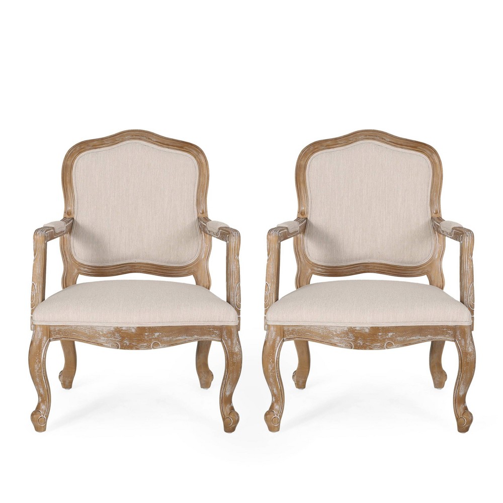 Photos - Chair Set of 2 Andrea French Country Wood Upholstered Dining Armchairs Beige/Nat