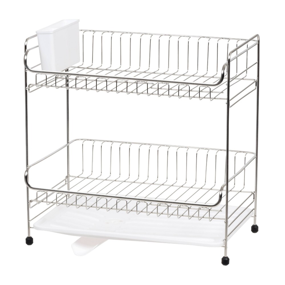 IRIS 2 Tier Stainless Steel Dish Drying Rack with Plastic Drain White