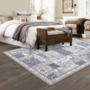 Area Rug 8x10, Washable Boho Farmhouse Floral Plaid Carpet - Soft Non Slip Low Pile Vintage Neutral Rug for Living Room, Bedroom - 1 of 4