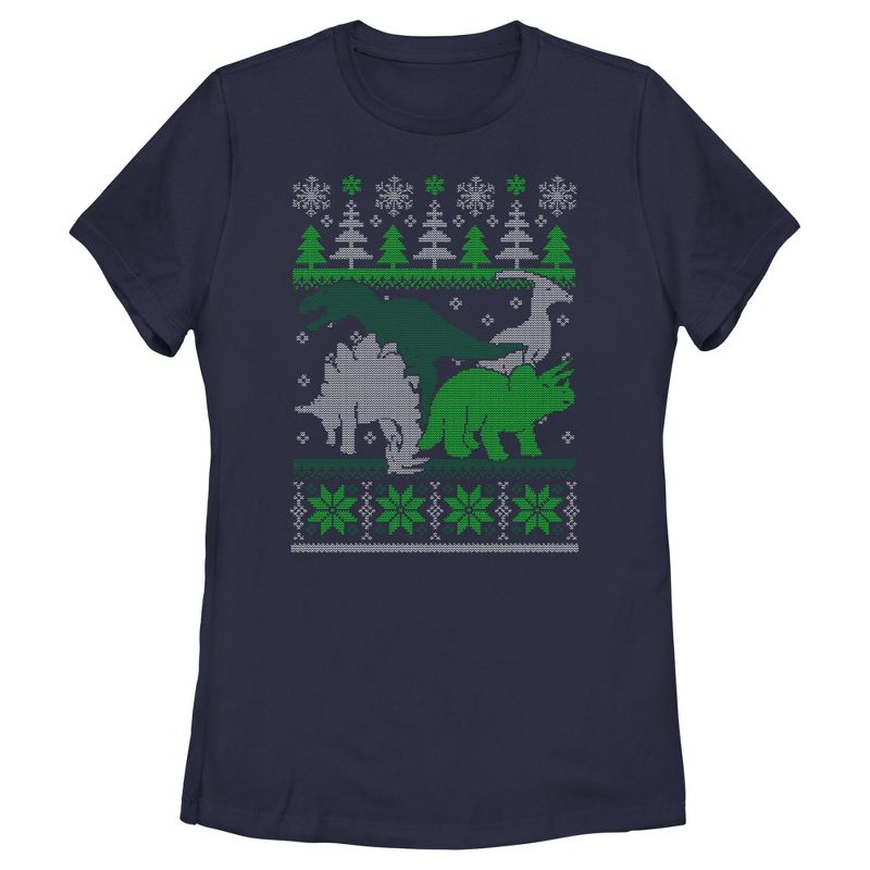 Women's Lost Gods Dinosaur Ugly Christmas Sweater T-Shirt, 1 of 5