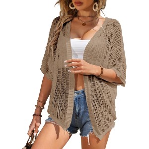 Womens Short Sleeve Cardigan Beach Cover Up Hollow-Out Sweater Cardigan Batswing Sleeve Cover Up Lightweight Cardigan - 1 of 4