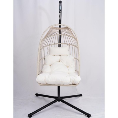 VisioGear Egg Chairs, Patio Egg Chair with Stand, Patio Foldable Egg Chair for Bedroom Living Room Balcony, Black & Gray, 43.3"*43.3"*77.95"