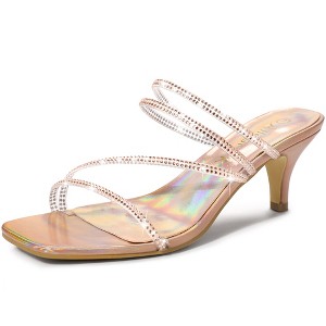 Allegra K Women's Rhinestone Strappy Square Toe Kitten Heel Slide Sandals - 1 of 4