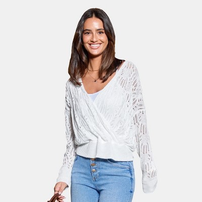 Women's White Elegant Openwork Surplice Knit Sweater - Cupshe