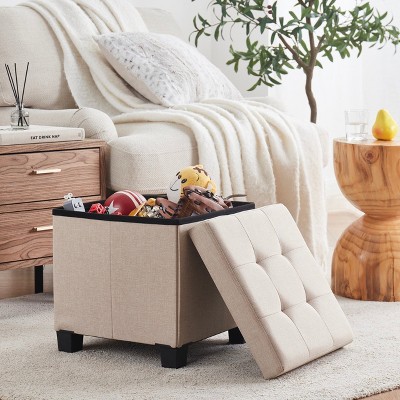 Ornavo Home Foldable Tufted 15 Inch Square Linen Storage Ottoman with Legs