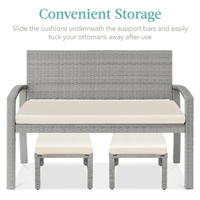 Gray Wicker Patio Ottomans with Cream Cushions, Set of 2