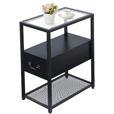 VECELO Wooden Side Table, Modern Narrow Nightstand with Drawer and Shelf for Bedroom Office,Tempered Glass, Black/Brown