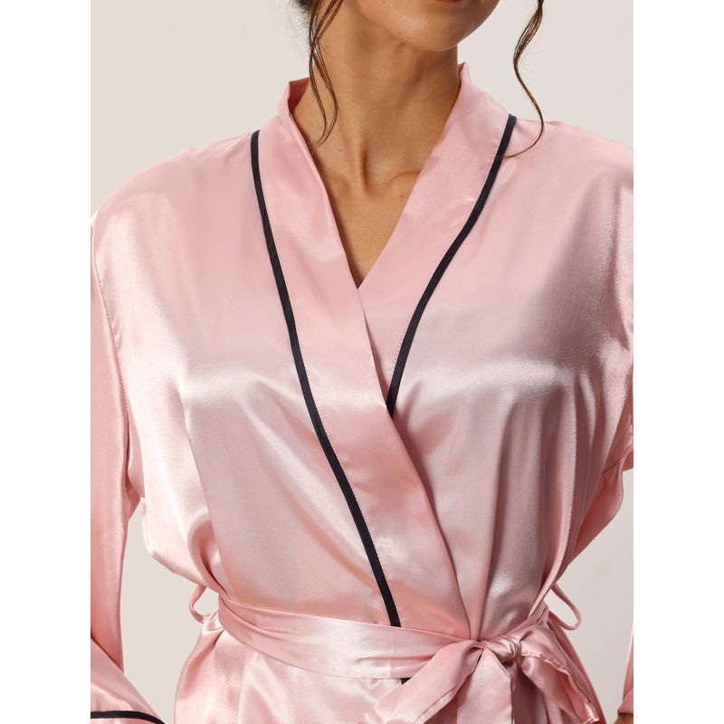 cheibear Women's Silky Satin Bell Sleeve Sleepwear Robe with Pants Pajama Sets, 4 of 6