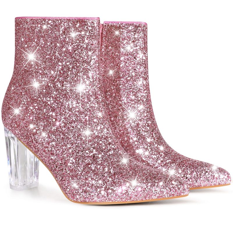 Perphy Women's Sparkly Glitter Upper Side Zipper Clear Block Heels Ankle Booties, 3 of 5