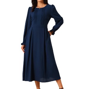 INSPIRE CHIC Women's Elegant Frilled Crewneck Midi Long Sleeve Pleated A-Line Flowy Dress with Pockets - 1 of 4