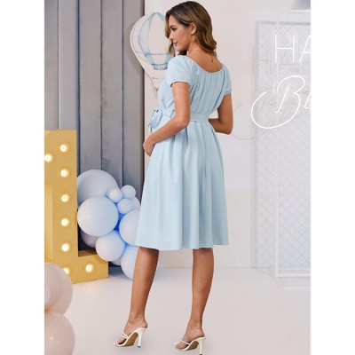 Женские платья INSPIRE CHIC Women's Maternity Dress Boho Pleated Midi Tie Waist Belted Baby Shower Short Sleeve Babydoll Pregnancy Photoshoot X-Large White — фото 4