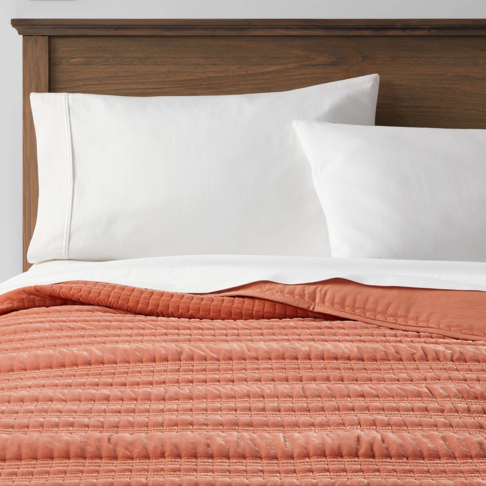 Photos - Duvet Twin/Twin Extra Long Lofty Velvet Quilt Terracotta/Bronze - Threshold™: OEKO-TEX Certified, Machine Washable, All Ages