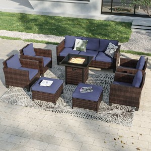 Sonkuki 8 Pieces Patio Sofa with Square Fire Pit Table and Ottomans, Wicker Conversation Couch, Light Gray Cushion - 1 of 4