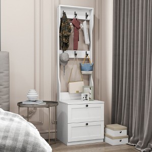 KTMBDW 2-in-1 Coat Rack and Nightstand, Entryway Hall Tree with 2 Drawer & 6 Hooks, Freestanding Clothes Hanger for Bedroom, Hallway, White - 1 of 4