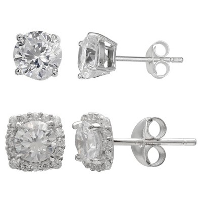 Women's Set of Stud and Button Earrings with Cubic Zirconia in Sterling Silver - Silver/Clear (8mm)