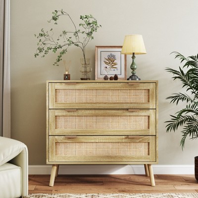 3 Drawers Rattan Dresser for Bedroom, Boho Dressers with Spacious Storage, Modern Natural Dresser