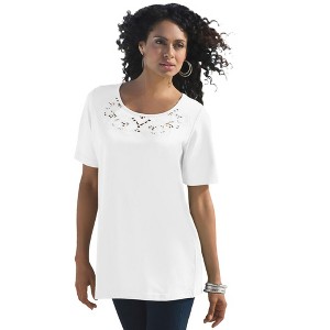 Roaman's Women's Plus Size Eyelet Cutout Tee - 1 of 4
