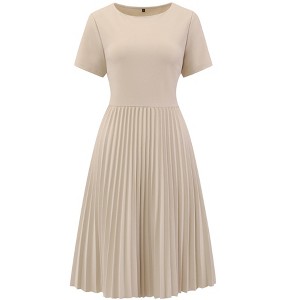 Hobemty Women's Pleated Knee Length Short Sleeve Work A-Line Dress - 1 of 4