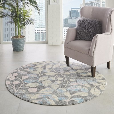 Handmade Round Grey and Beige Floral Synthetic Rug