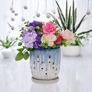 Set of 2 Ceramic Flowerpot with Drainage Hole, 8" Modern Planter for Patio, Garden, Windowsill - White Blue - 1 of 4