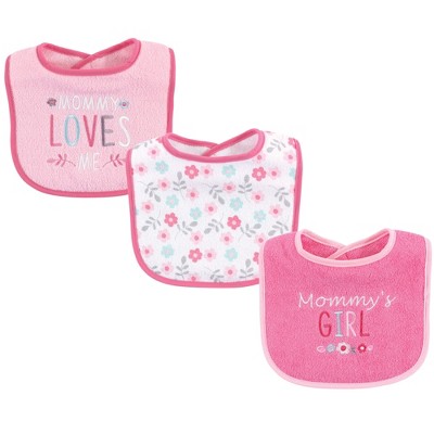  Luvable Friends Baby Girl Cotton Drooler Bibs with Fiber Filling 3pk, Girl Mommy, One Size 