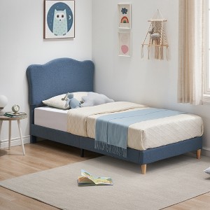 Upholstered Bed Frame for Kids, Twin Bed with Scallop Headboard, Toddler Velvet Princess Platform Bed for Girls, Solid Wood Slats Support - 1 of 4