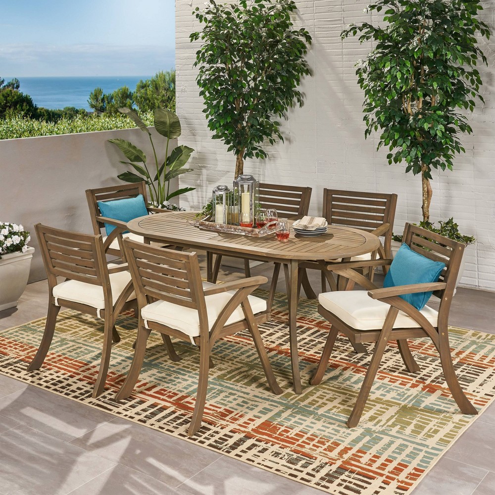 Hermosa 7pc Acacia Wood Oval Dining Set Gray Cream Christopher Knight Home