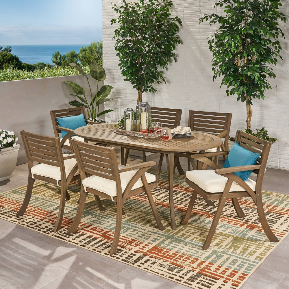 Photos - Dining Table Hermosa 7pc Acacia Wood Oval Dining Set Gray/Cream: Weather-Resistant, 6-Seater - Christopher Knight Home