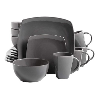 Gibson 97558.16RM Soho Lounge Square Double Reactive Glazed Stoneware 16 Piece Dinnerware Set, Dishwasher and Microwave Safe, Gray