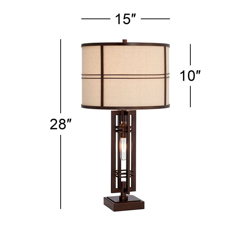 Franklin Iron Works Elias Modern Industrial Table Lamp 28" Tall Oiled Bronze with Table Top Dimmer Nightlight Off White Oatmeal Drum Shade for Bedroom, 4 of 9