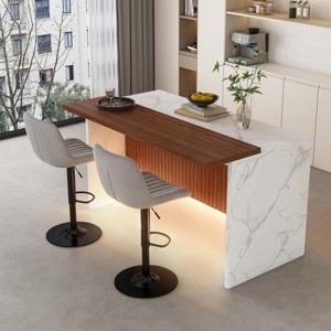 Modern Black Kitchen Island Dining Table with LED Lights and 2 Brown Bar Stools, Faux Marble Counter Height Set for Eat-in Kitchen-3irtyhousy - 1 of 4
