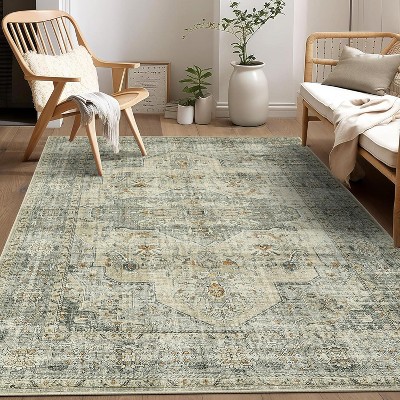 8x10 Vintage Medallion Rug – Washable Low-Pile Non-Slip Distressed Carpet for Living Room, Bedroom, Dining, Home Office, Beige