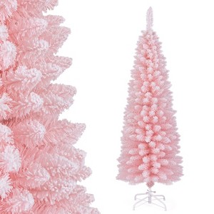 Tangkula 8 FT Christmas Tree Artificial Xmas Tree with 1000 Flocked Branch Tips & Folding Metal Stand Slim Pencil Decoration Tree - 1 of 4