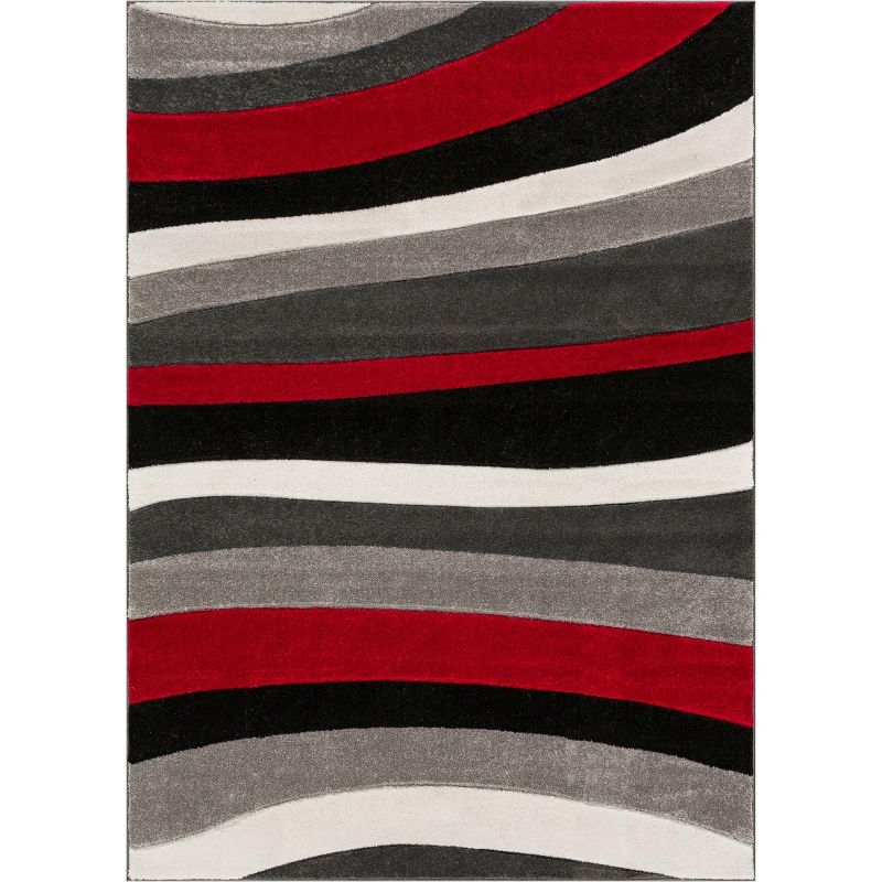 Temptation Waves Stripes Modern Geometric Comfy Casual Hand Carved Abstract Contemporary Thick Soft Plush Red Area Rug, 1 of 8