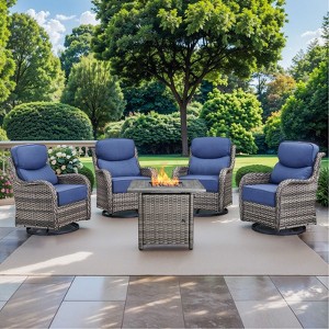 Gymojoy 5 Pieces Outdoor Patio Wicker Swivel Chair with 6 Inch Cushions and Fire Pit Table - 1 of 4