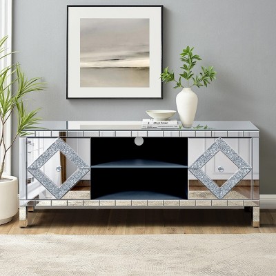 47'' Silver Mirrored TV Stand, Modern Console Cabinet with Dual Mirror Glass Doors and Open Storage, TV Cabinets for Living Room – Cuddlewood