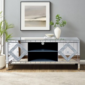 47'' Silver Mirrored TV Stand, Modern Console Cabinet with Dual Mirror Glass Doors and Open Storage, TV Cabinets for Living Room – Cuddlewood - 1 of 4