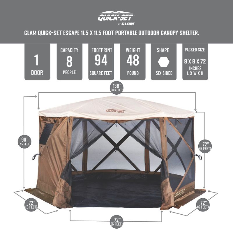CLAM Quick-Set Pavilion Camper Foot Portable Pop-Up Camping Outdoor Gazebo Screen Tent 6 Sided Canopy Shelter with Stakes and Bag, 3 of 8