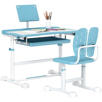 Qaba Kids Desk and Chair Set, Height Adjustable Study Desk and Chair Set with Tilt Desktop & Storage for Writing Reading and Drawing