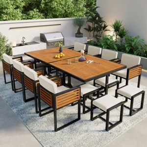 18-Pieces Outdoor Dining Set,Acacia Wood Dining Set,2 Square Table With 8 Cushioned Chairs And 8 Ottomans,Outdoor Furniture For Patio-Cuddlewood - 1 of 4