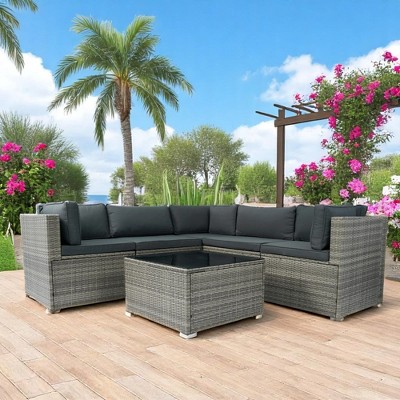 6-Piece PE Rattan Sectional Outdoor Furniture Set with Cushioned Sofas and Table, Grey Wicker & Dark Grey Cushions, for Patio, Porch, or Backyard