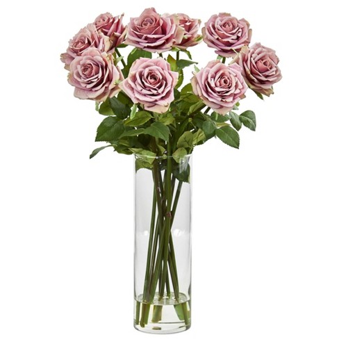 Nearly Natural 19-in Rose Artificial Arrangement In Cylinder Vase : Target