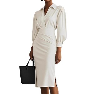 Coolmee Women's Long Balloon Sleeve V Neck Mini Sheath Dress Beige S :  Target