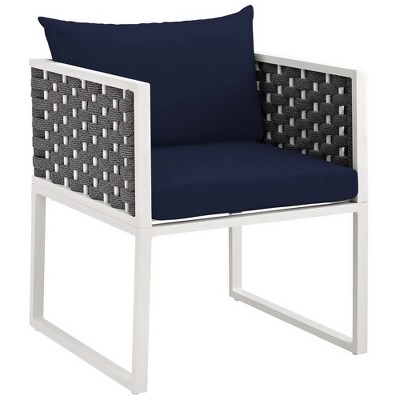 Modway Stance Outdoor Armchair – Aluminum Patio Dining Armchair with Cushion in White and Navy, Weather-Resistant