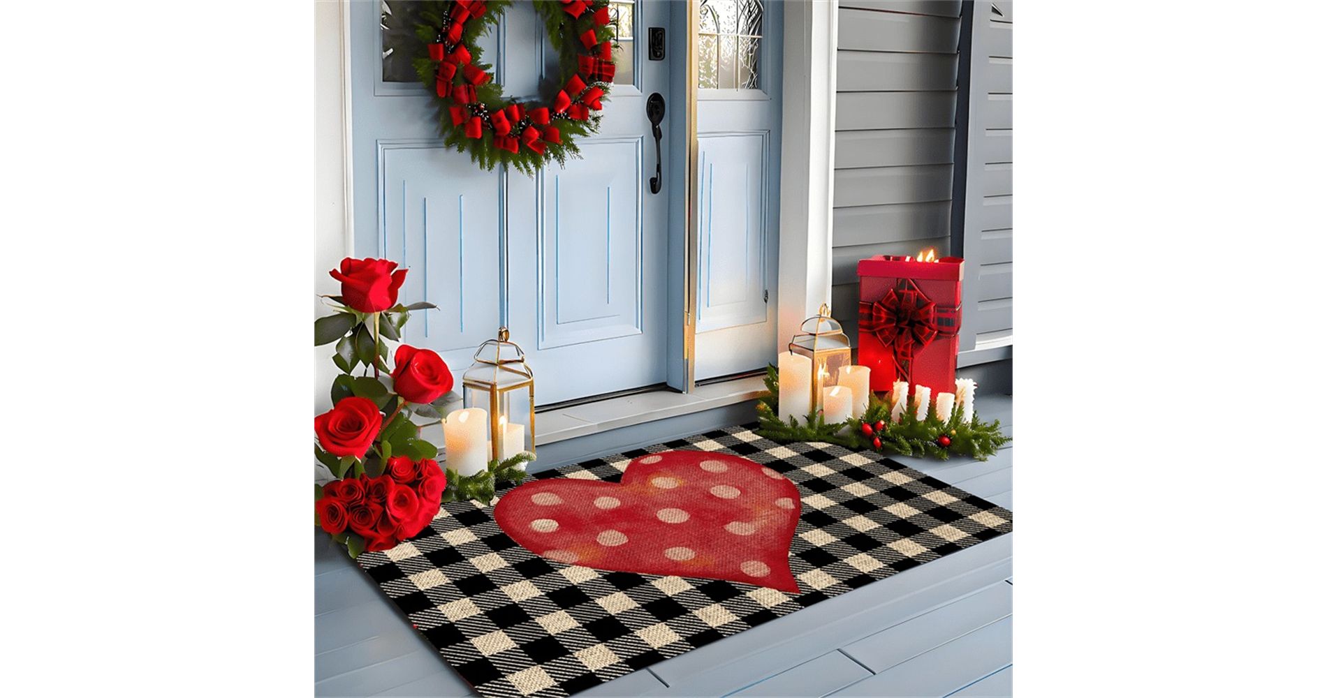 Lomsoe 1pc Valentine'S Day Heart Plaid Pattern Doormat,Flannel Floor Mat, Red Heart Design,for Kitchen,Bathroom Decoration.