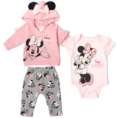 Disney Minnie Mouse Newborn Baby Boy or Girl 3 Piece Outfit Set: Pants Bodysuit Hoodie Grey/Pink Newborn