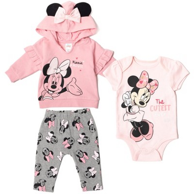 Image of Disney Minnie Mouse Newborn Baby Boy or Girl 3 Piece Outfit Set: Pants Bodysuit Hoodie Grey/Pink Newborn